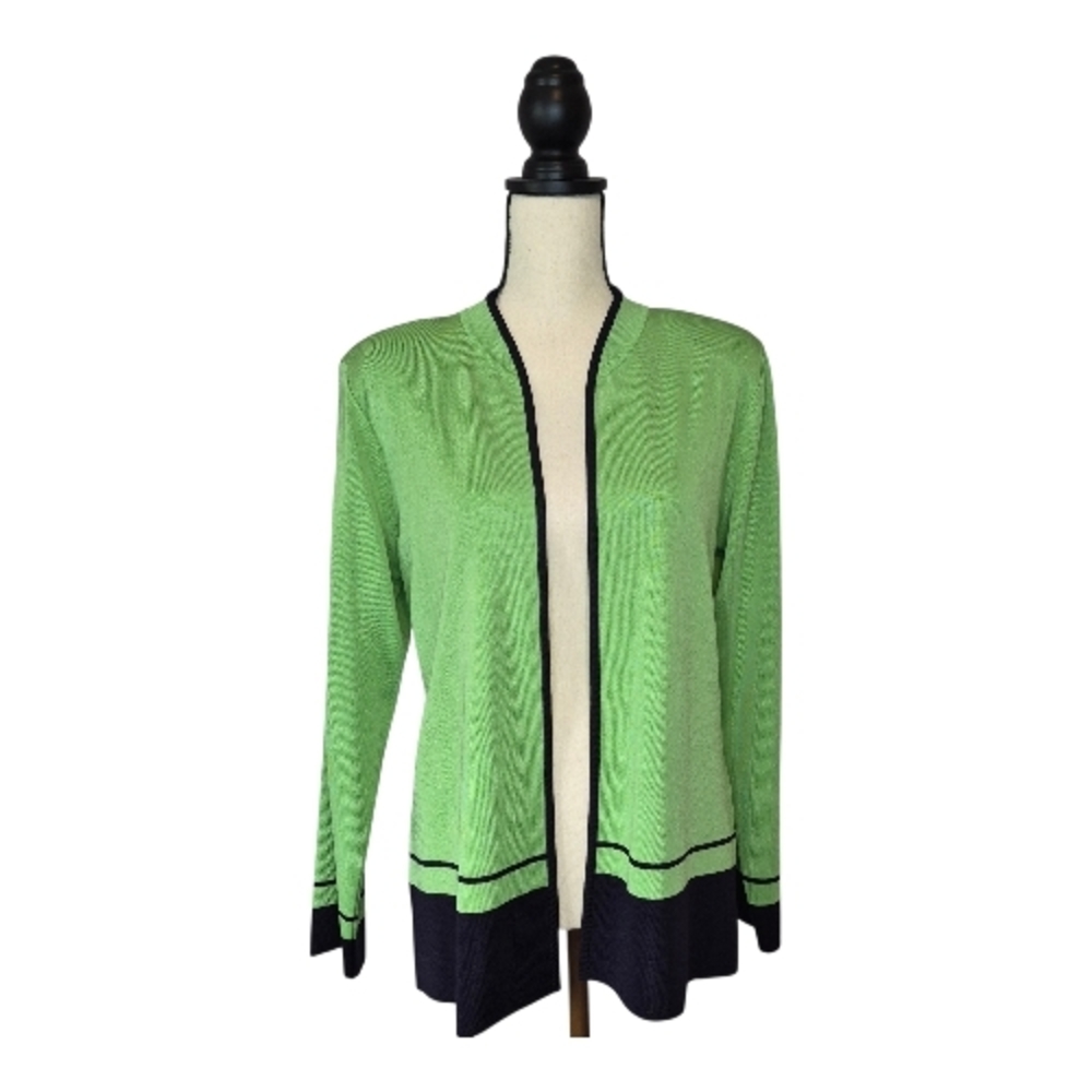 Exclusively Misook Cardigan Green Black Trim Open Front Long Sleeve Womens Sz M
